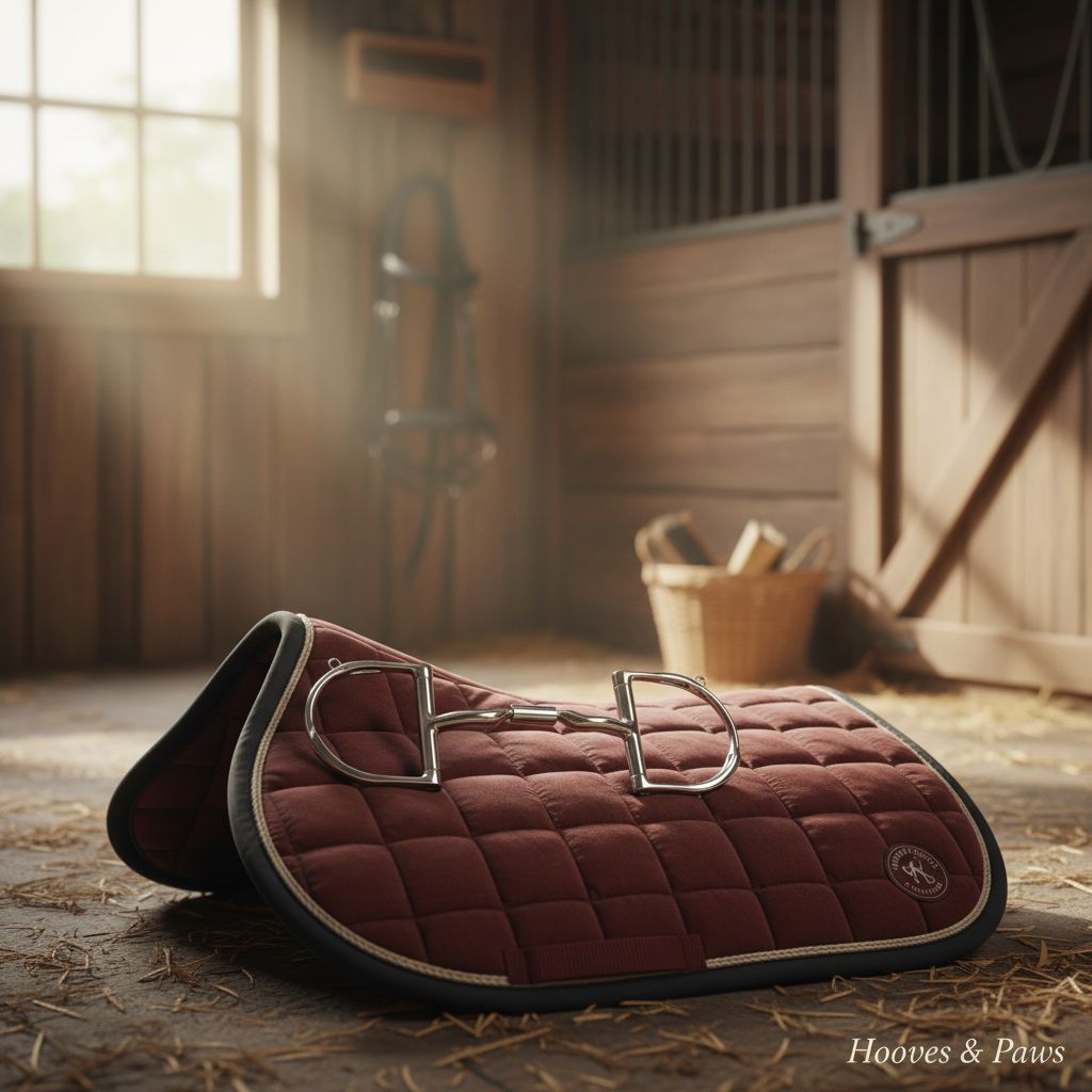 Myler 5 1/2" English Dee with Hooks and Low Port Comfort Snaffle MB 04 #89-22047 horse bit on a burgundy quilted English saddle pad, laid on a straw stable floor.
