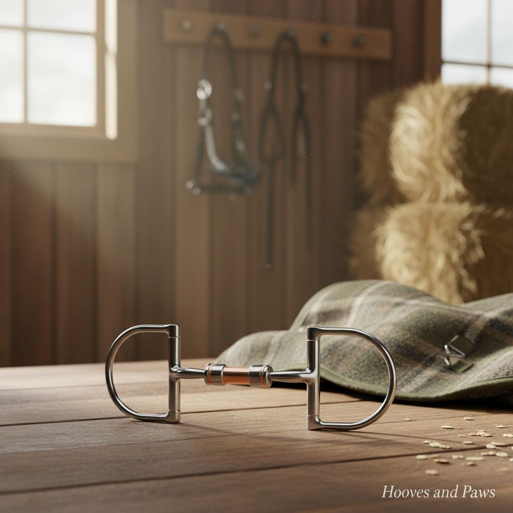 Myler MB 02 Dee Snaffle Bit, stainless steel with copper inlay wide barrel, resting on a wooden barn floor with hay bales, hanging tack, and a plaid blanket in the background, illuminated by sunlight.
