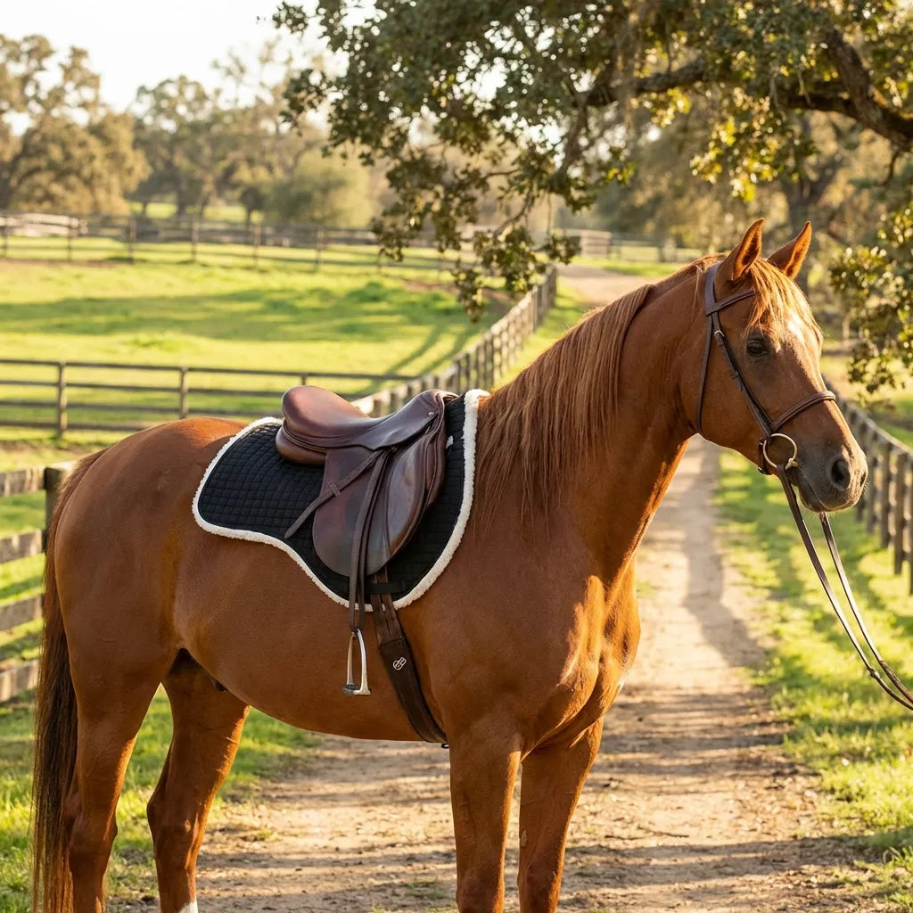 *Alt Text: Studio photograph of the black Toklat Matrix Endurance English saddle pad (SKU 27-8454-BK) with a thick white WoolBack fleece edge, shown against a white background. The pad has a contoured shape, a quilted ETC fabric top, and black nylon billet straps.*

#### **2. Rustic Lifestyle Shot**

This image shows the saddle pad in a realistic equestrian setting, placed on a horse, demonstrating its use.