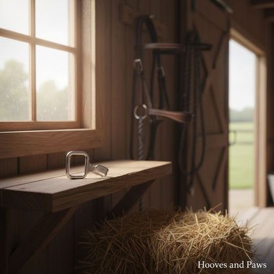 Silver Myler Curb Strap Hook #89-0041 for Modified Snaffle Cheeks, displayed on a wooden shelf in a sunlit barn.