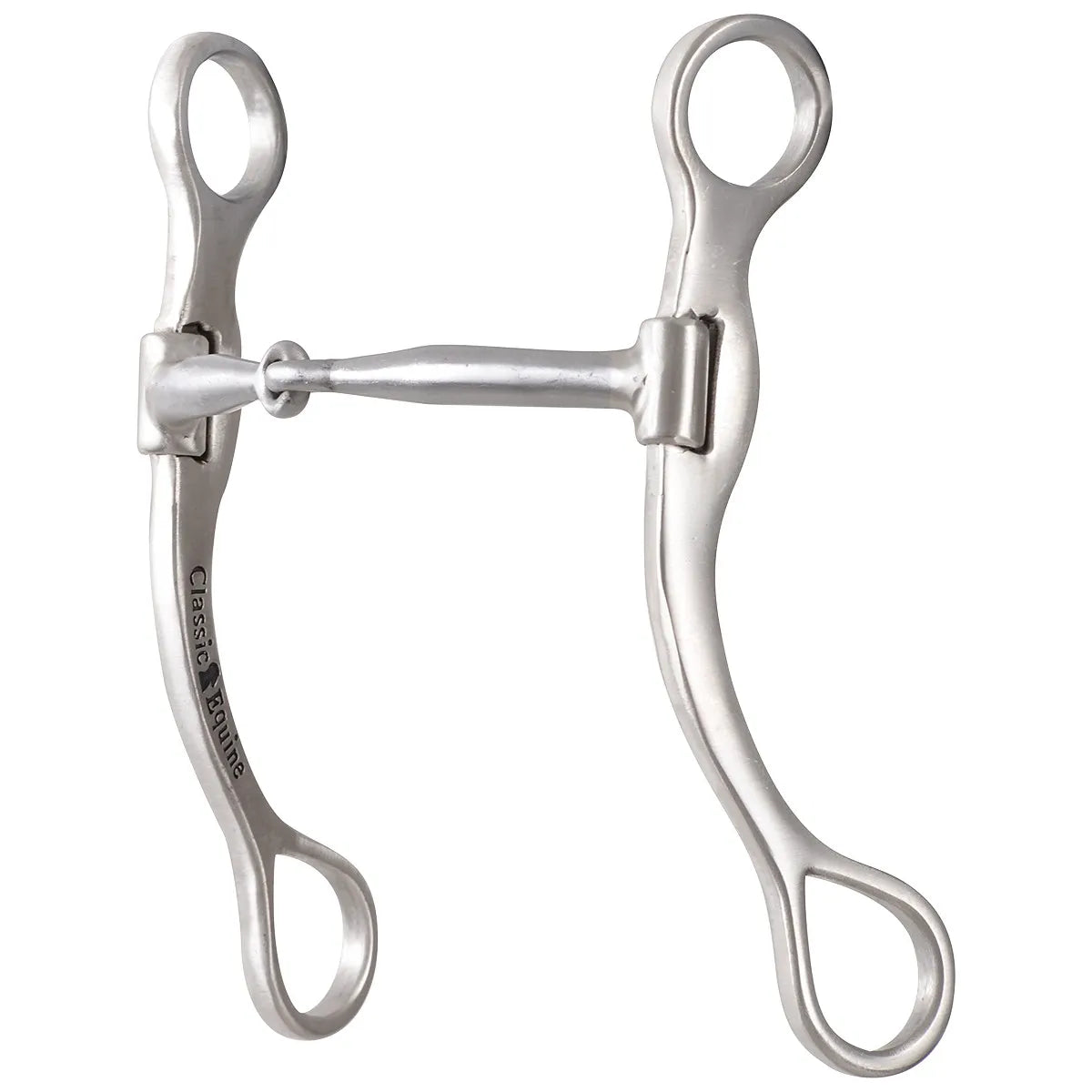 BitLogic Performance Snaffle Long Shank Bit featuring a 5-inch stainless steel jointed mouthpiece and 7.5-inch curved swivel shanks for enhanced leverage and control. This polished silver western bit includes 'Classic Equine' engraving on the cheek, top headstall rings, and large teardrop rein loops. Designed for precision communication, it's a top choice for performance horse training and western competition.