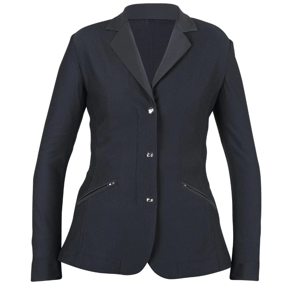 Black blazer with textured pattern on a white background