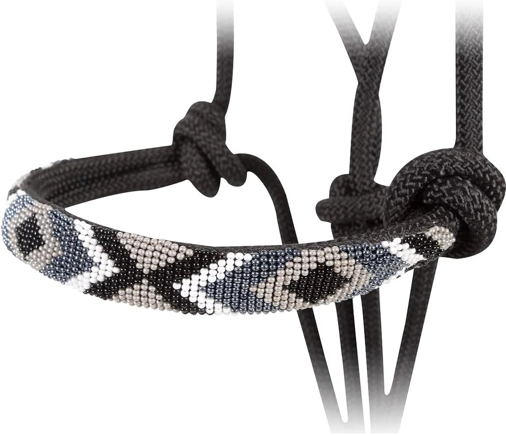 Black and silver beaded headstall on a white background