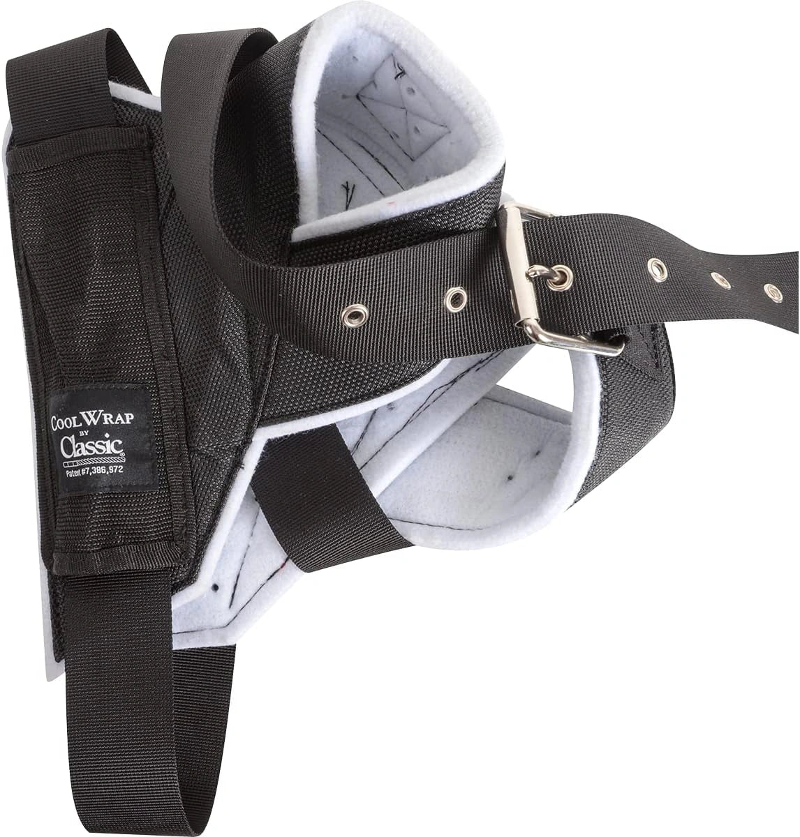 Black and white equestrian protective gear with CoolWrap Classic branding on a white background