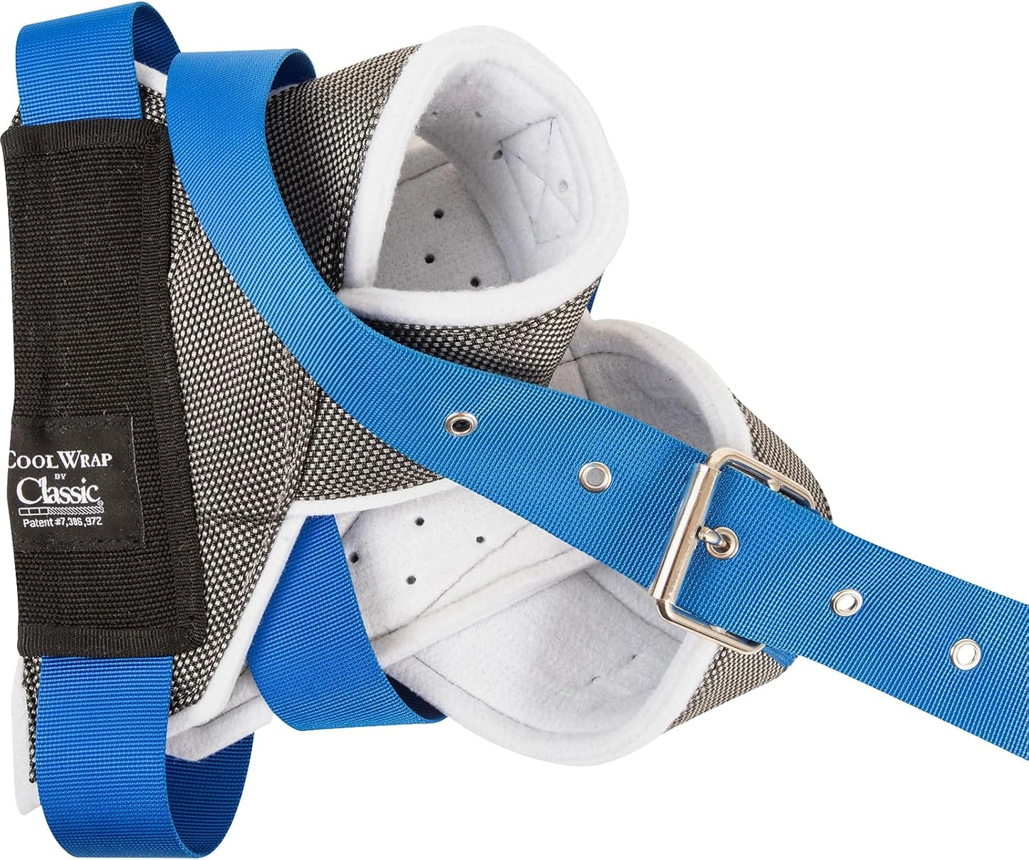 Equestrian protective vest with blue straps and CoolWear Classic label on a white background