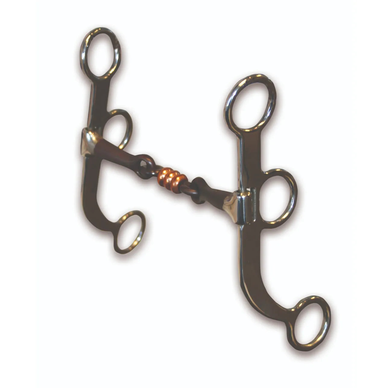 Bob Avila Collection horse training bit featuring a three-piece sweet iron mouthpiece with triple copper rollers. The durable stainless steel shanks include multiple rings for versatile rein attachment and leverage options. This professional western shank bit is designed for refined communication and comfort, making it an essential piece of equine tack for training and performance riding.