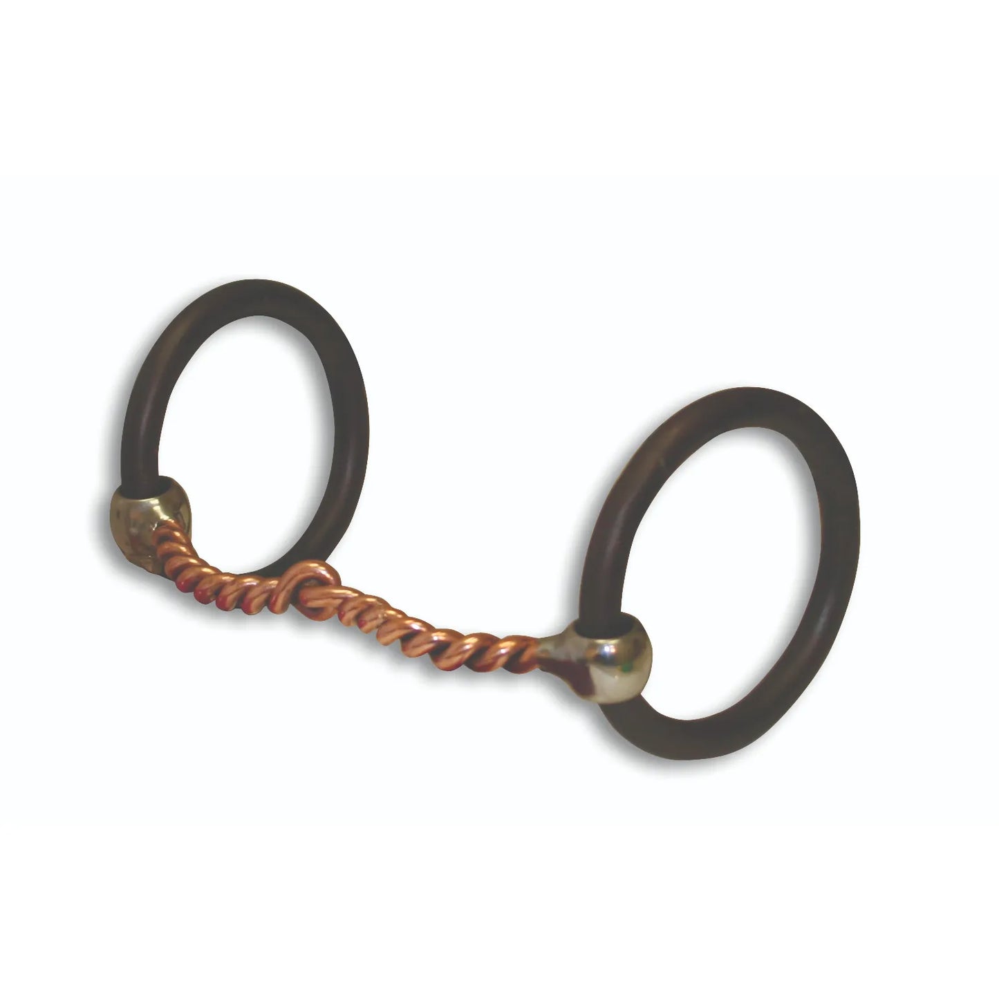Bob Avila Loose Ring Bit with a single jointed twisted copper wire mouthpiece and large black rings. This professional-grade horse bit features durable silver-toned ferrules and a textured copper wire design to encourage salivation and improve communication. High-quality equestrian tack ideal for training, western riding, and performance horses.