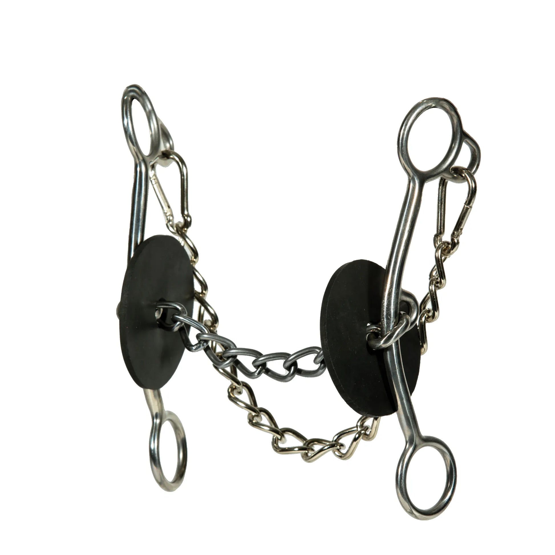 Professional's Choice Brittany Pozzi Lifter Bit for barrel racing featuring a 5 1/2 inch chain mouthpiece and stainless steel shanks. This performance horse bit includes black rubber guards and a curb chain, designed to provide lift and control during high-speed turns. Essential western horse tack for competitive barrel racers and training.