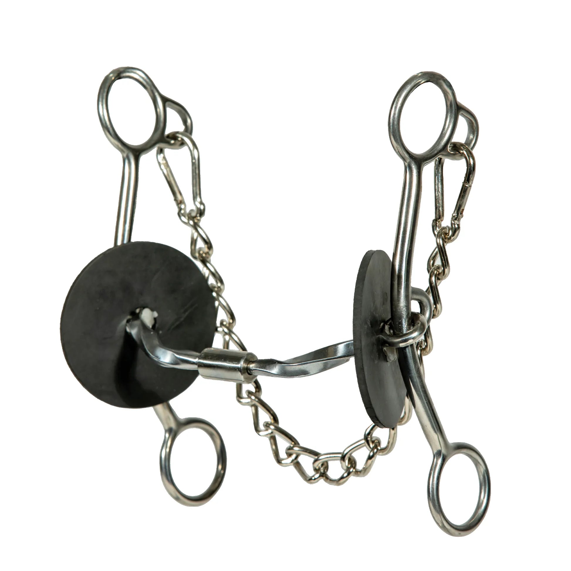 Brittany Pozzi Lifter Bit by Professional's Choice for barrel racing, featuring a 5 1/2" stainless steel mouthpiece and black rubber bit guards. This high-performance horse bit includes long shanks and a curb chain for maximum lift and lateral control. Professional-grade equestrian gear designed for precision and speed in the arena, perfect for competitive barrel racers and performance horse training.