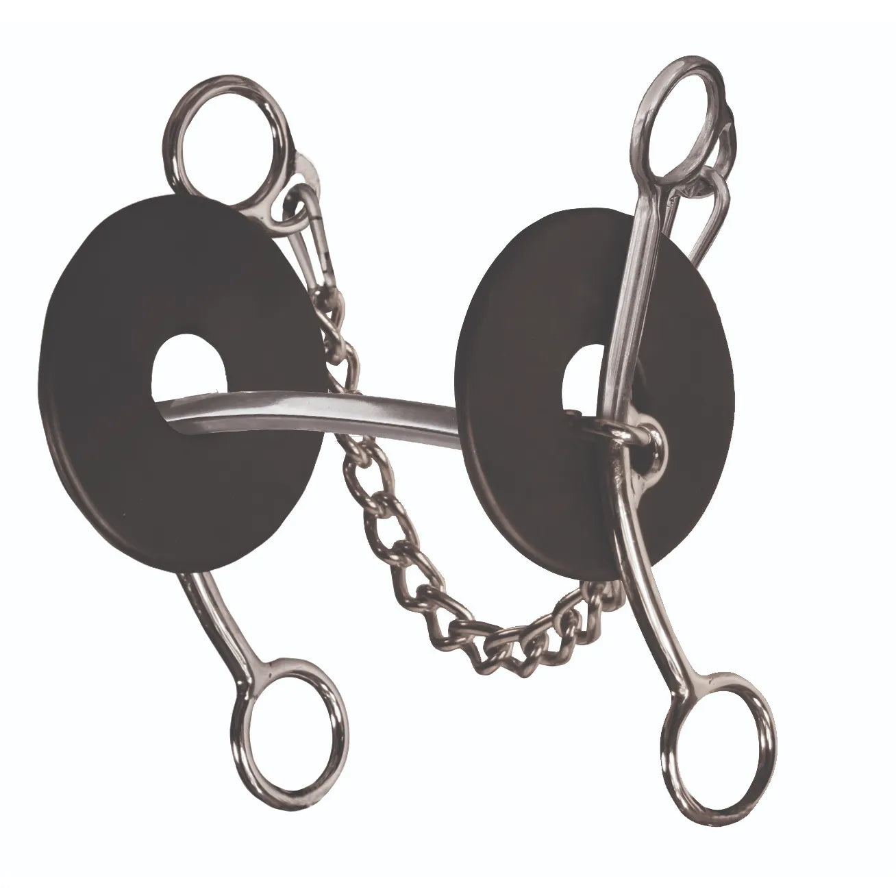 Brittany Pozzi Lifter Bit by Professional's Choice, a premium barrel racing horse bit featuring a 5 1/2" curved stainless steel mouthpiece. This high-performance western tack includes two large black rubber bit guards and a silver curb chain attached to long lifter shanks for superior control and lift. Ideal for competitive barrel racers seeking precision and horse comfort in a polished silver finish.