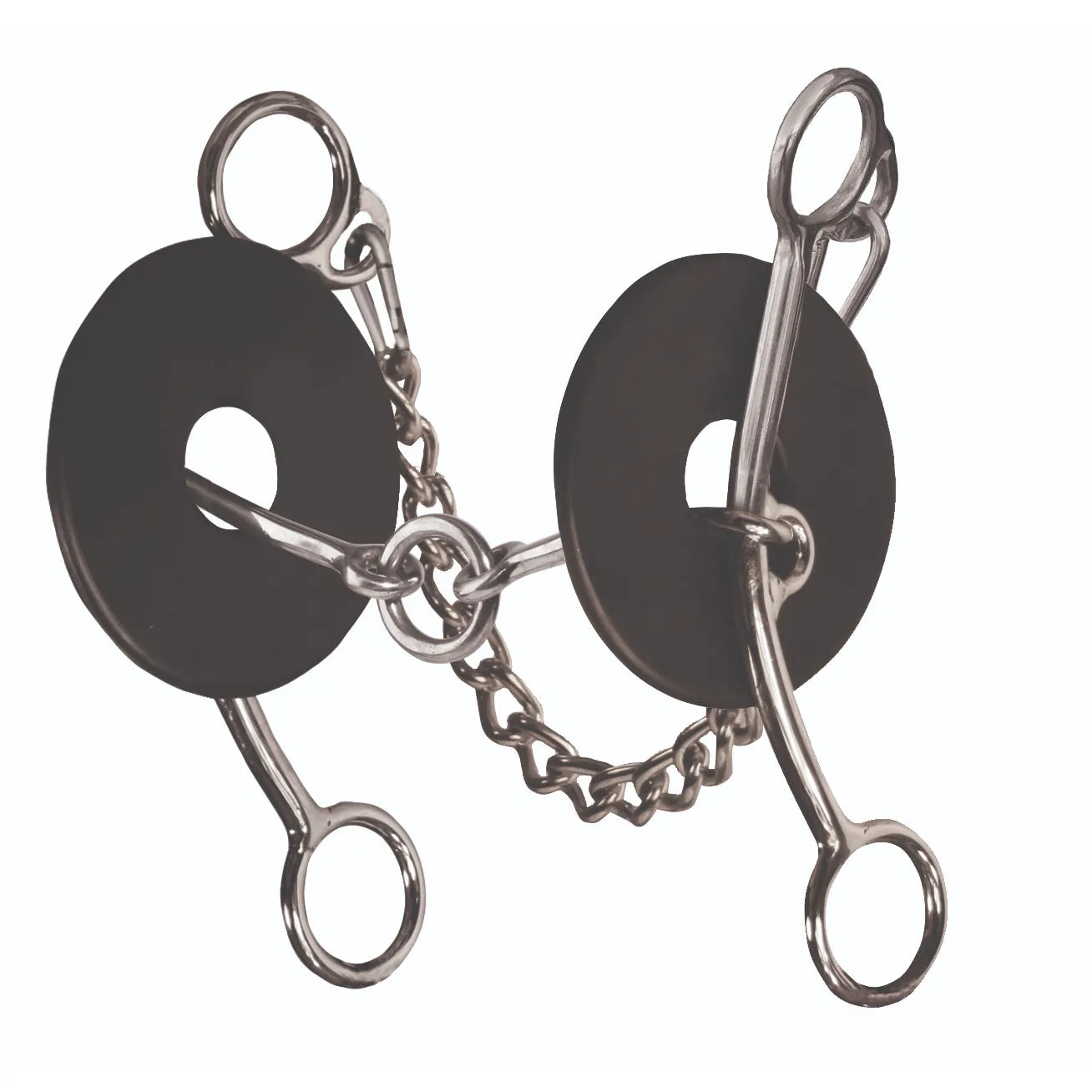 Professional's Choice Brittany Pozzi Lifter Bit, a 5 1/2 inch stainless steel barrel racing bit featuring a jointed mouthpiece, black rubber bit guards, and a durable curb chain. This high-performance Western tack is designed to provide leverage and control, helping riders lift the horse's shoulder for precision during competition. Ideal for barrel racers seeking a professional-grade horse bit for improved collection and speed.