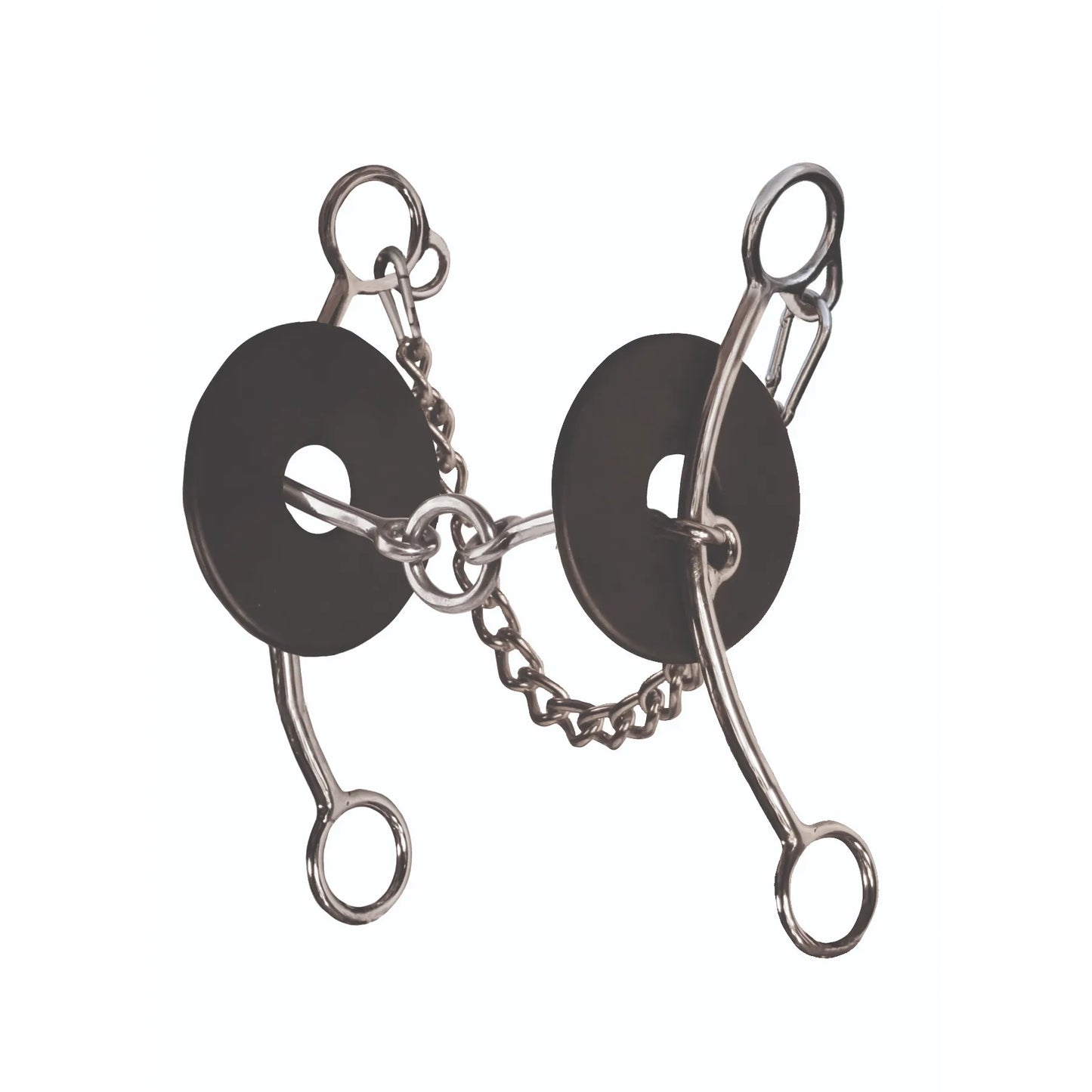 Brittany Pozzi Lifter Bit Series by Professional's Choice for barrel racing. Features a 5 1/2" jointed mouthpiece, stainless steel shanks, and black rubber bit guards. This high-performance horse bit includes a curb chain for precision and control in the arena. Ideal for competitive equestrians looking for a professional-grade lifter bit to improve their horse's performance.