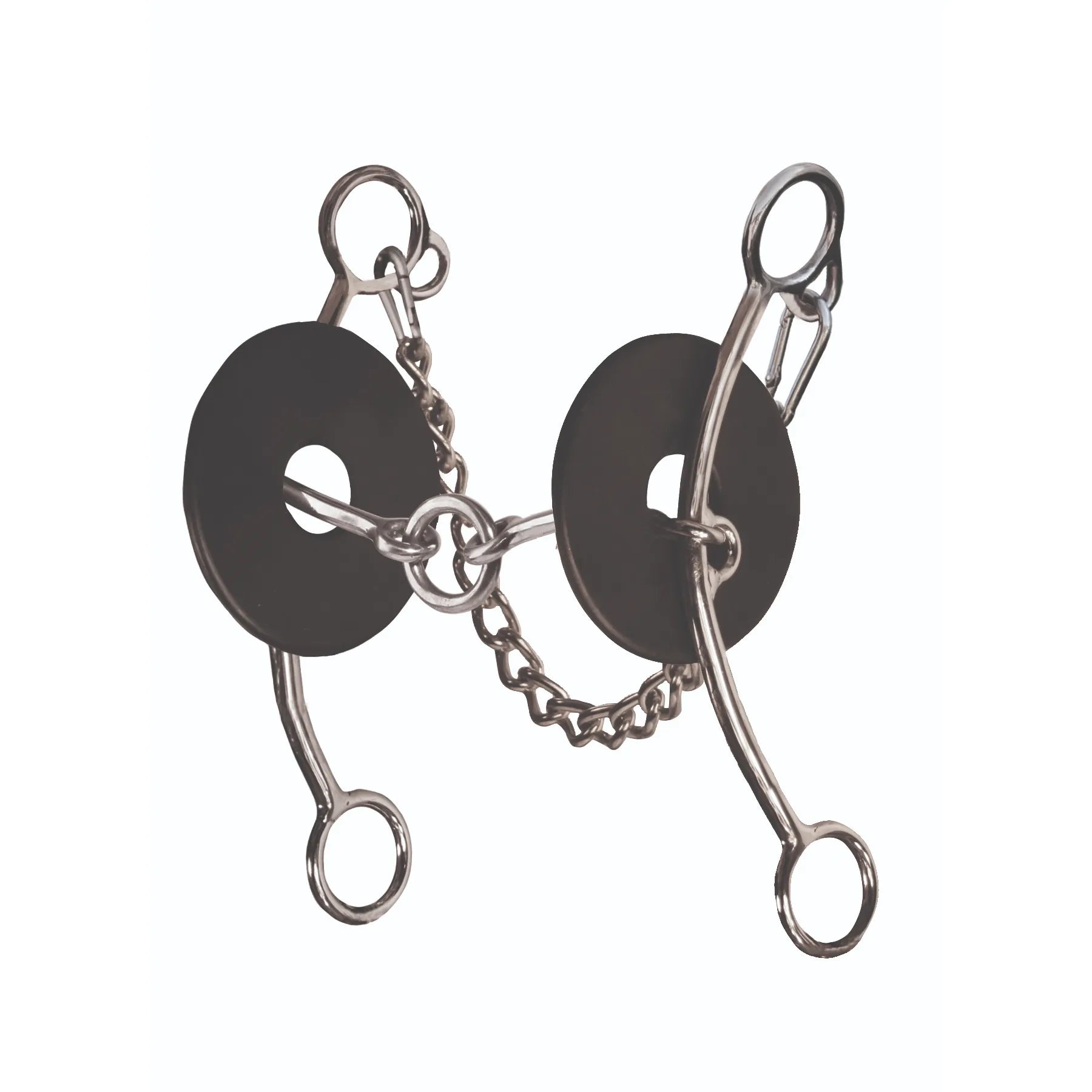 Brittany Pozzi Lifter Bit Series by Professional's Choice for barrel racing. Features a 5 1/2" jointed mouthpiece, stainless steel shanks, and black rubber bit guards. This high-performance horse bit includes a curb chain for precision and control in the arena. Ideal for competitive equestrians looking for a professional-grade lifter bit to improve their horse's performance.