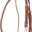 Brown leather dog leash with brass hooks on a white background