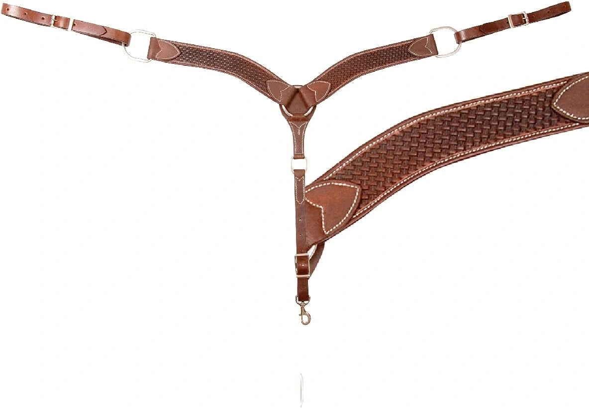 Brown leather girth strap with stitching on a white background