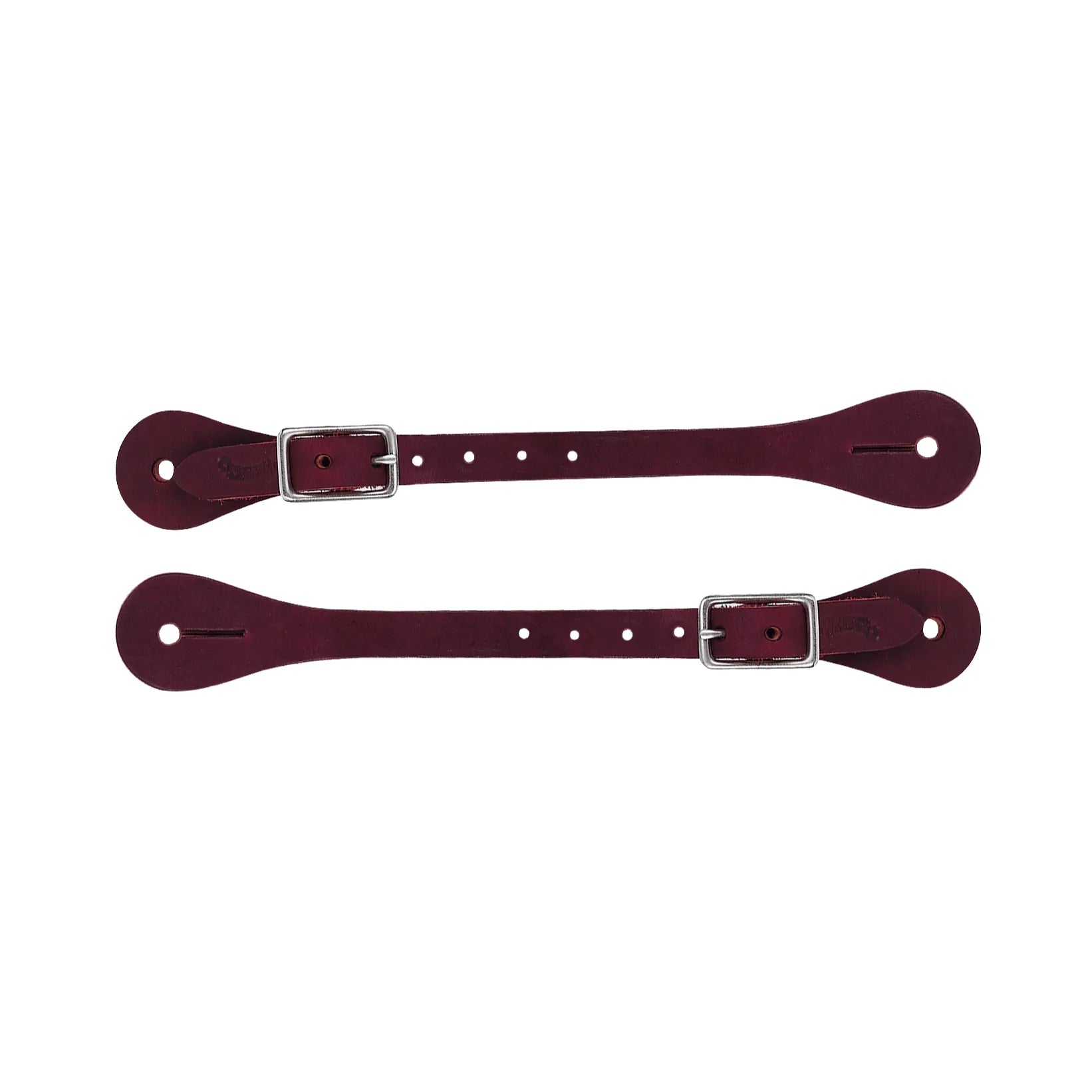 Pair of Burgundy Weaver Leather Spur Straps for adults, featuring durable premium leather and adjustable silver buckles. These stylish Western spur straps are designed for long-lasting equestrian use, offering a secure fit and classic deep red aesthetic. Perfect for western riders looking for high-quality, dependable horse tack and riding accessories.
