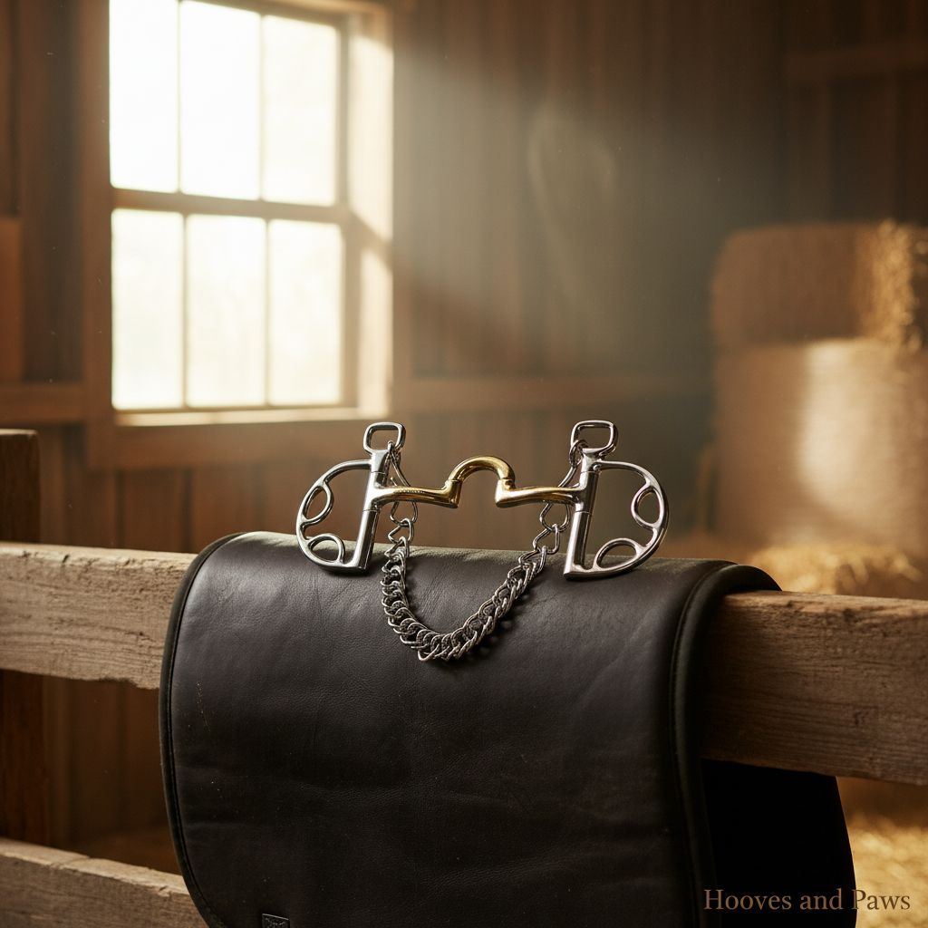 Myler Kimberwick bit with gold Cyprium mouthpiece and chain, resting on black leather tack in a sunlit barn.