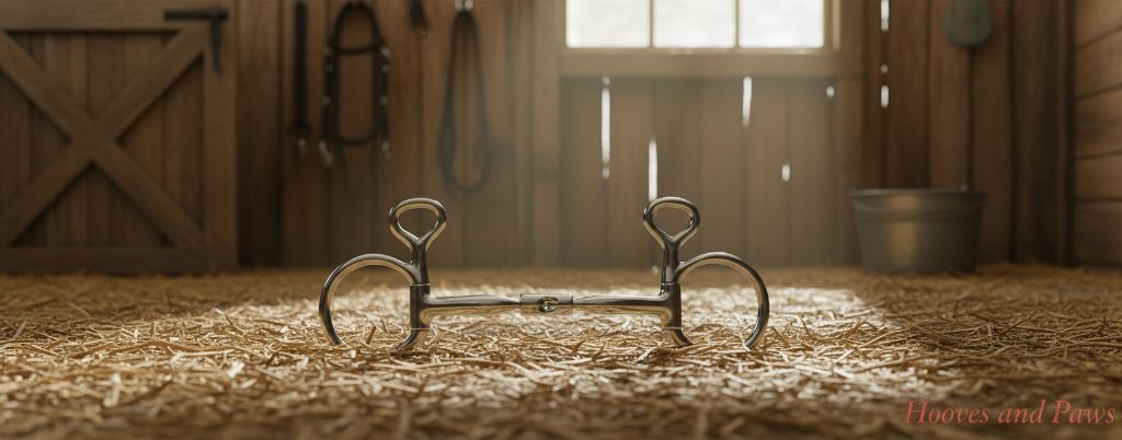 Myler 5-inch 02 stainless steel medium Baucher horse bit resting on straw in a sunlit barn with wooden walls and equestrian tack.