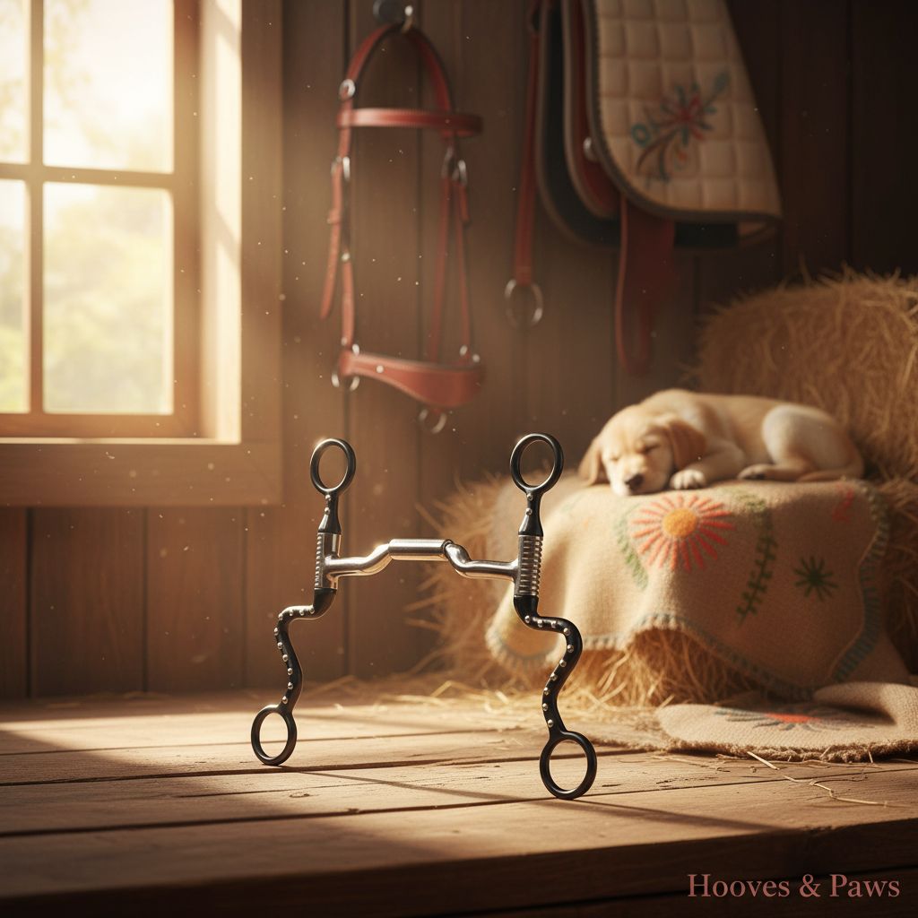 Myler Black Steel Seven Shank bit with Mullen Low Ported Barrel MB 06 in a rustic barn setting with a sleeping golden retriever puppy and horse tack.