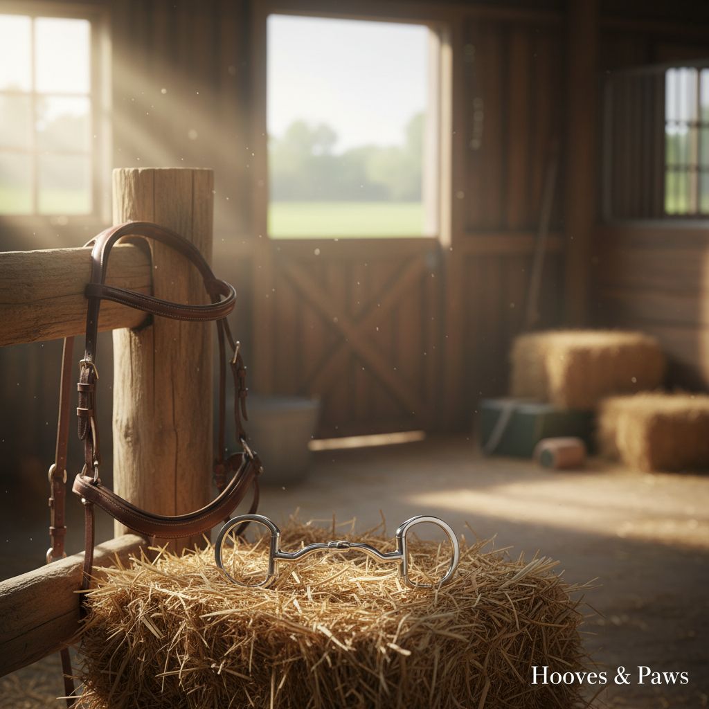 Myler 33WL Eggbutt Snaffle wide ported barrel horse bit for dressage and comfort, displayed on a hay bale in a sunlit rustic barn with a leather bridle.