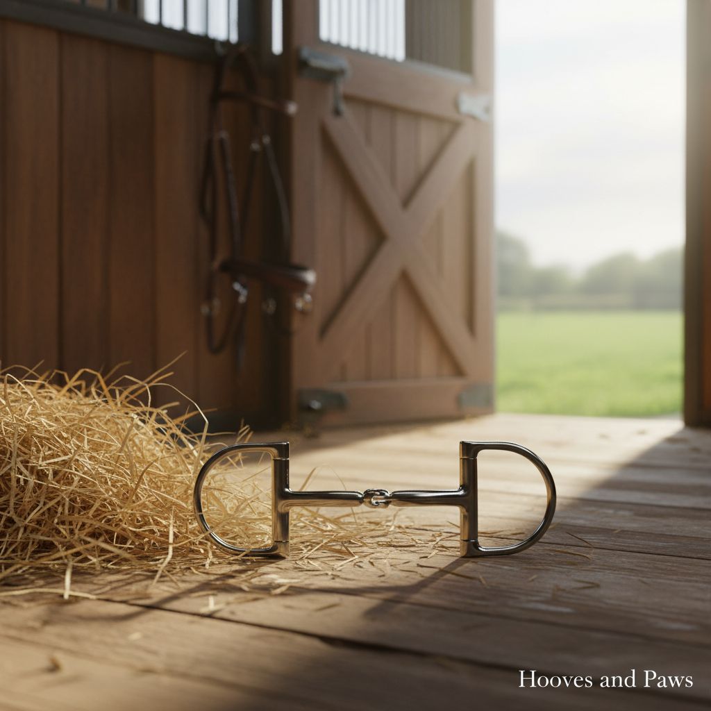 Pony size Myler stainless steel Dee snaffle bit with a single-jointed mouthpiece rests on a sunlit wooden stable floor. Next to straw, an open stable door reveals a green pasture.