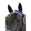 Navy blue Professional's Choice Magnetic Brow Piece with white trim shown on a dark horse. This therapeutic equine accessory is designed for horse calming and stress relief using integrated magnets. The high-quality blue fabric browband features a subtle brand logo and attaches easily to a standard leather bridle. Ideal for nervous horses during travel or competition. Enhance your horse's well-being with magnetic therapy gear.