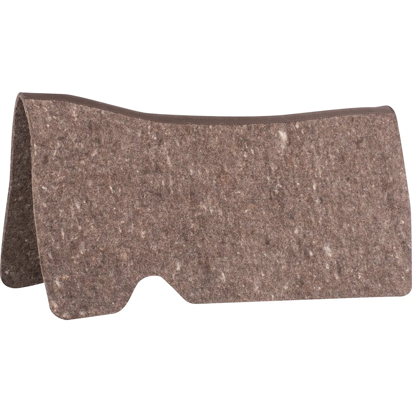 Cashel 1/4-Inch Felt Western Saddle Liner in a mottled brown earth tone. This high-quality wool felt horse saddle pad features a contoured spine for a better fit and a cutout at the cinch area to reduce bulk. Designed for maximum comfort and protection, it provides an extra layer of shock absorption. A durable, breathable, and moisture-wicking equestrian accessory perfect for layering under a western saddle for everyday riding or trail use.