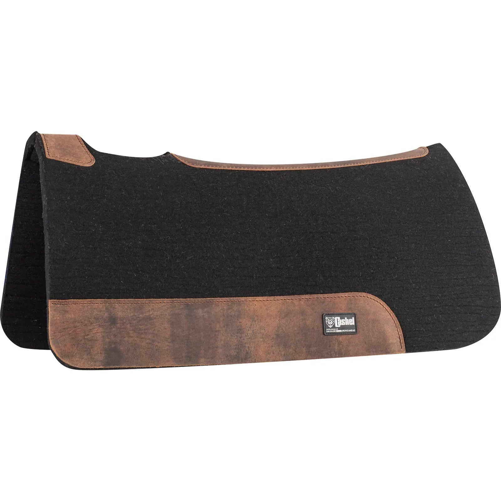 Cashel 1-inch Black Felt Western Saddle Pad (31x32) featuring durable black wool felt construction and distressed brown leather wear leathers for maximum protection and longevity. The contoured spine and wither cutout provide a comfortable, ergonomic fit for horse and rider. Perfect for those seeking high-quality Western horse tack that offers superior shock absorption and classic style.