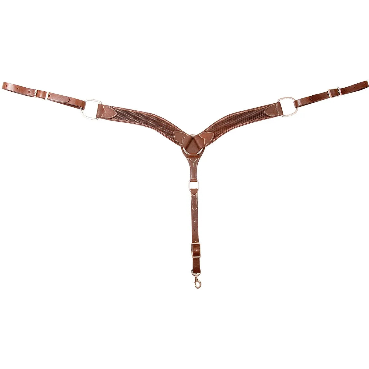 Cashel 2-inch Chocolate Basket Weave Leather Horse Breast Collar featuring rich brown leather with intricate hand-tooled patterns. This Western horse breastplate includes white contrast stitching and durable silver-tone hardware for a classic look. Designed with adjustable tug straps and a center down strap for a secure fit, it's essential equestrian tack for trail riding, ranch work, or western performance. Stylish and functional saddle accessory for any horse owner.