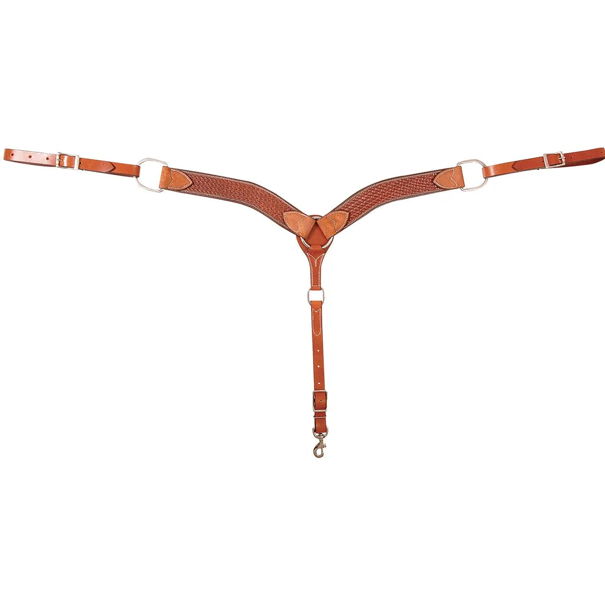 Cashel 2-Inch Chestnut Basket Tooled Leather Horse Breast Collar featuring a classic Y-shape design with intricate basketweave tooling. This Western horse tack includes adjustable straps with stainless steel buckles and a center snap hook for a secure and comfortable fit. Designed to prevent saddle slippage, this durable chestnut leather breast collar is perfect for trail riding, ranch work, or western performance, adding style and function to your horse's equipment.