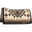 Cashel 34x38 Western saddle pad with a cream and grey geometric Southwest design, featuring black crosses, thunderbirds, and tan accents. This high-quality horse tack includes a woven blanket top, durable dark brown leather wear leathers, and a thick felt bottom for horse comfort. Perfect for western riding, trail, or show, this stylish equestrian pad provides excellent cushioning and a classic look for any horse and rider.