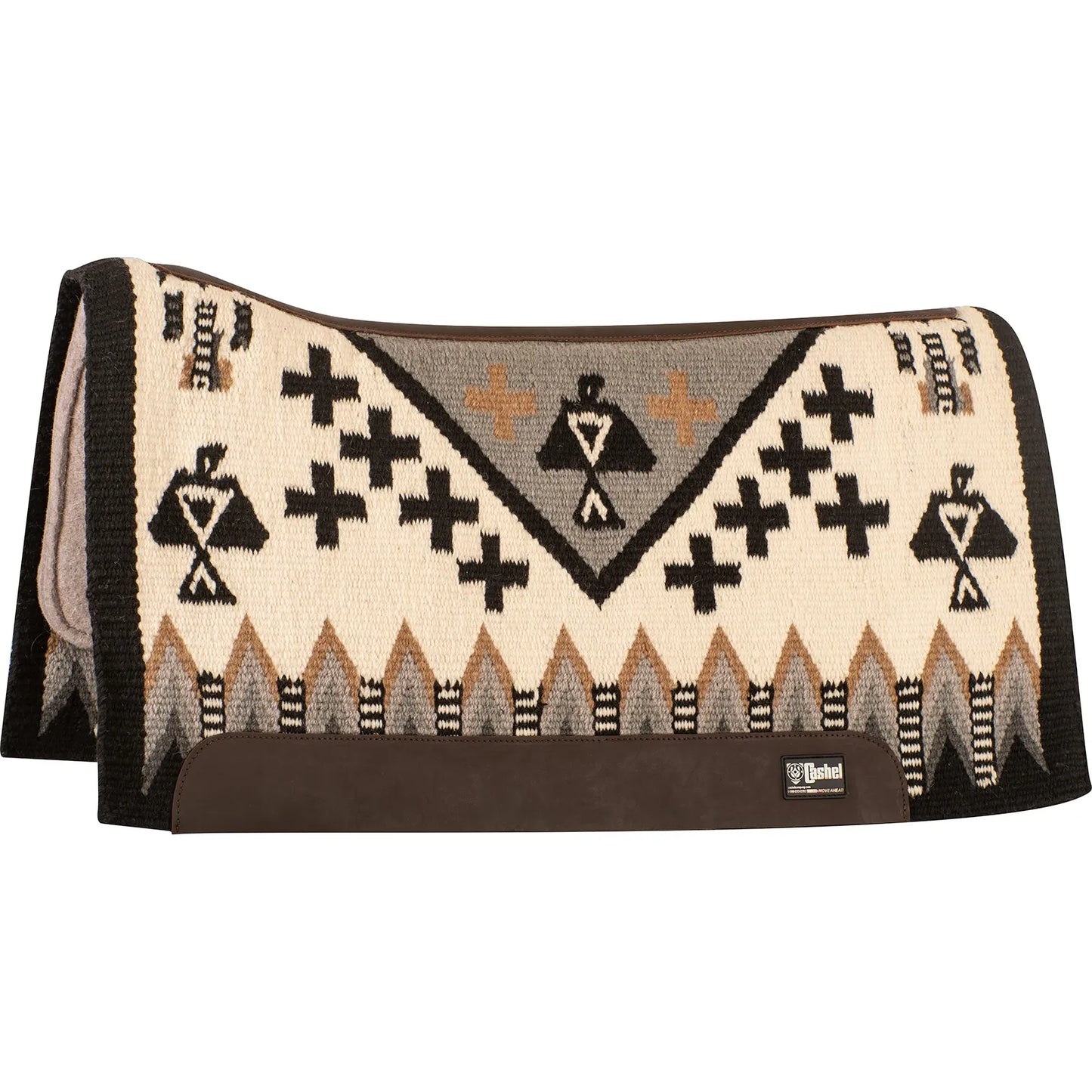 Cashel 34x38 Western saddle pad with a cream and grey geometric Southwest design, featuring black crosses, thunderbirds, and tan accents. This high-quality horse tack includes a woven blanket top, durable dark brown leather wear leathers, and a thick felt bottom for horse comfort. Perfect for western riding, trail, or show, this stylish equestrian pad provides excellent cushioning and a classic look for any horse and rider.