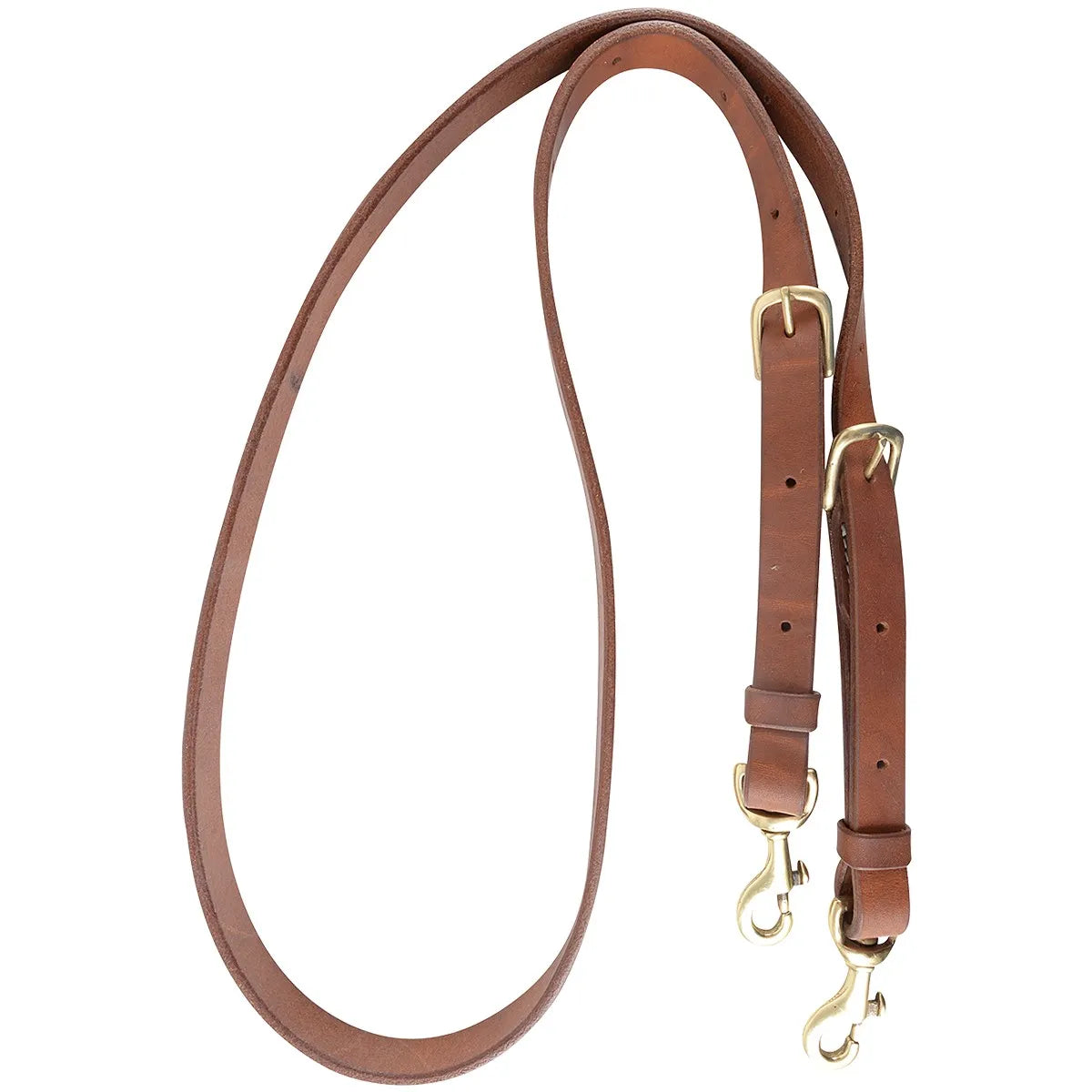 Cashel Adjustable Flat Barrel Reins crafted from high-quality medium brown leather. These western horse reins feature adjustable brass buckles and durable trigger snap hooks for a secure, customized fit. Perfect for barrel racing or trail riding, the flat design provides ultimate control and comfort. Essential equestrian tack for horse riders looking for reliable performance and a classic leather look.