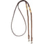Cashel Adjustable Leather & Rope Reins in brown, featuring a smooth leather neck strap and decorative rawhide accents with dark zig-zag patterns. The durable braided rope ends include silver-toned buckles and metal snap clips for quick attachment to a bit. Ideal western horse tack for trail riding or daily use, combining traditional style with modern functionality for equestrian gear collections.