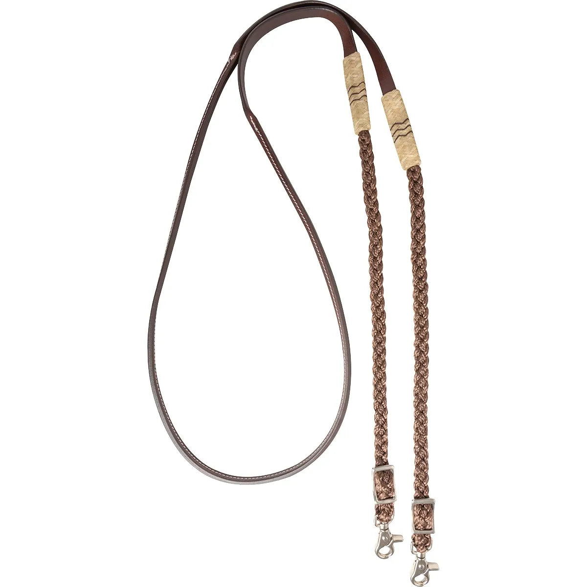 Cashel Adjustable Leather & Rope Reins in brown, featuring a smooth leather neck strap and decorative rawhide accents with dark zig-zag patterns. The durable braided rope ends include silver-toned buckles and metal snap clips for quick attachment to a bit. Ideal western horse tack for trail riding or daily use, combining traditional style with modern functionality for equestrian gear collections.