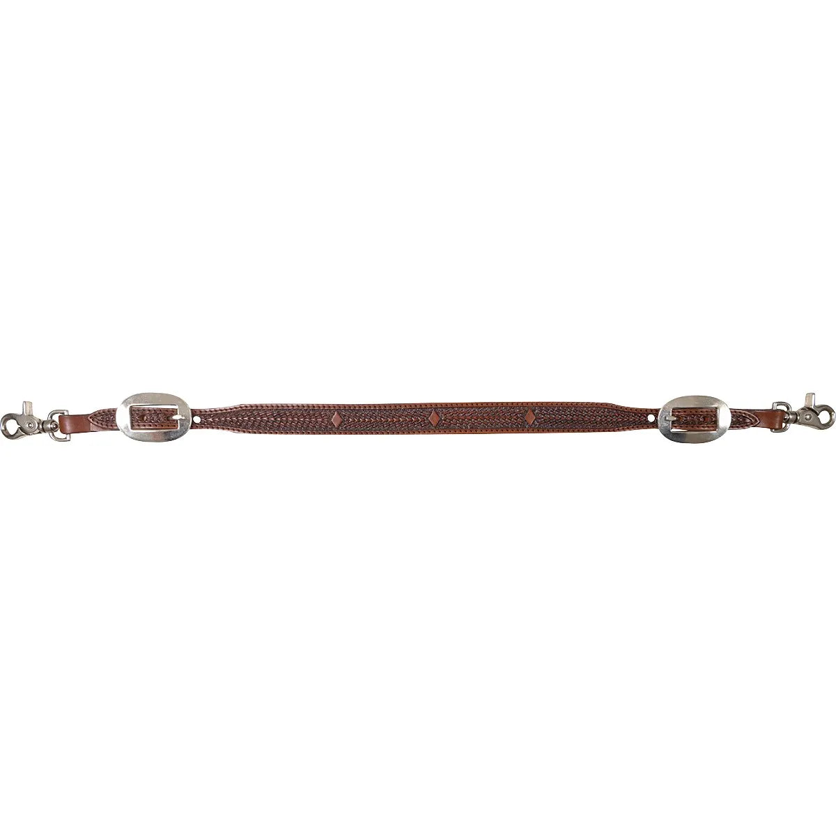 Cashel Antique Diamond Wither Strap featuring rich brown leather with detailed basket-weave tooling and raised diamond motifs. This western tack accessory includes oversized oval silver buckles and swivel snap ends for easy attachment. Designed for stylish breastcollar support, it ensures proper placement and stability for your horse's gear during trail or performance riding.
