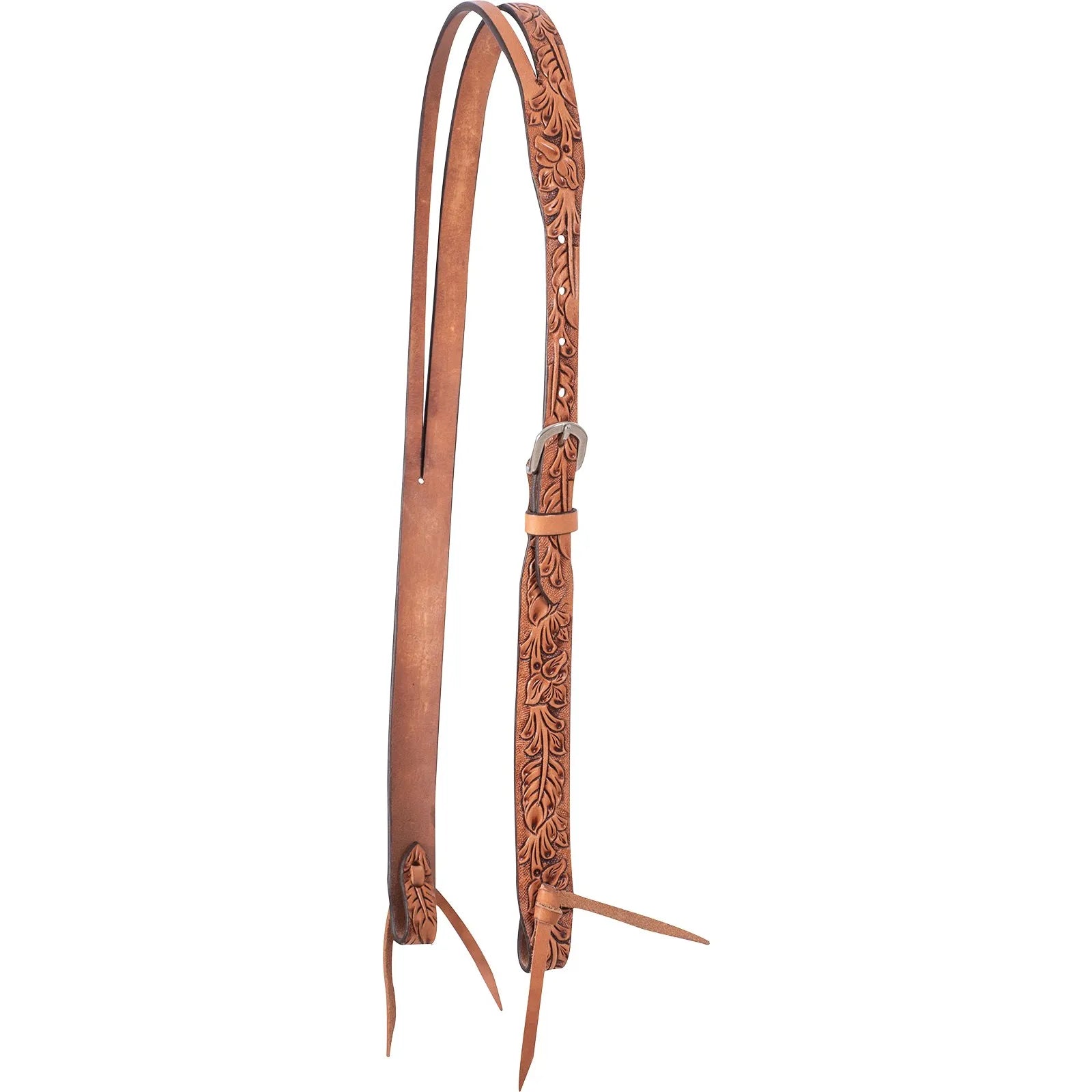 Cashel Antique Leaf Slit Ear Headstall crafted from premium leather with intricate floral leaf tooling. This western horse tack features a single ear slit design, a silver-tone adjustment buckle, and leather ties at the bit ends. Elegant and durable equestrian gear in a rich antique brown finish, perfect for western riders seeking high-quality, handcrafted style for their horse.