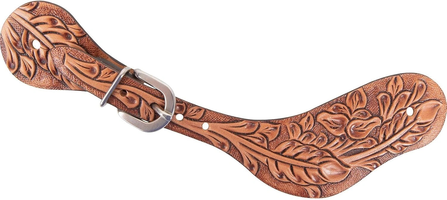 Brown leather spur with intricate designs on a white background