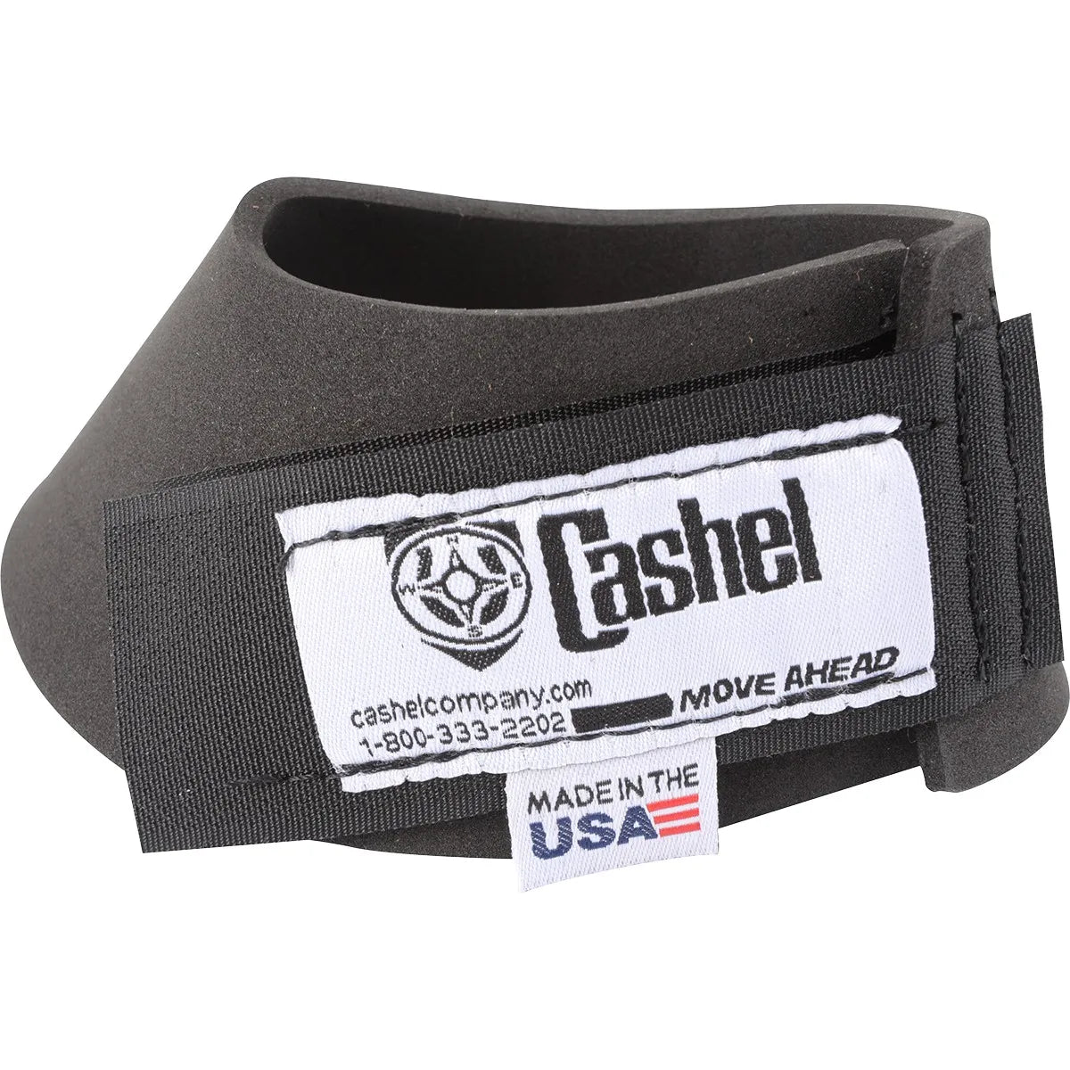 Black Cashel Aqua Shield Wrist Wrap designed to prevent water from running down your arms during grooming or washing. Made of soft, flexible foam with an adjustable hook-and-loop strap for a custom fit. Features the Cashel logo and a "Made in the USA" tag. This essential grooming tool keeps you dry and comfortable while bathing horses, washing pets, or cleaning around the house.
