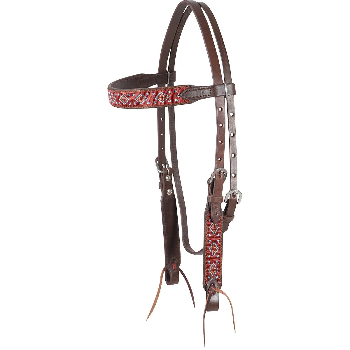 Cashel Beaded Browband Headstall in rich chocolate leather with vibrant turquoise and red geometric diamond beadwork on the browband and one cheekpiece. This high-quality Western bridle features stainless steel hardware and traditional tie-bit ends. Ideal for equestrians seeking durable, decorative horse tack for show or trail, offering a classic Southwestern aesthetic.