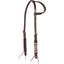 Cashel Beaded Slip Ear Headstall in rich chocolate leather featuring intricate white, red, and black southwestern beadwork on the ear loop and cheekpiece. This high-quality Western horse tack includes adjustable stainless steel buckles and leather tie bit ends. Perfect for adding a pop of color to your show gear or trail riding equipment. Durable and stylish equestrian accessory designed for comfort and performance.