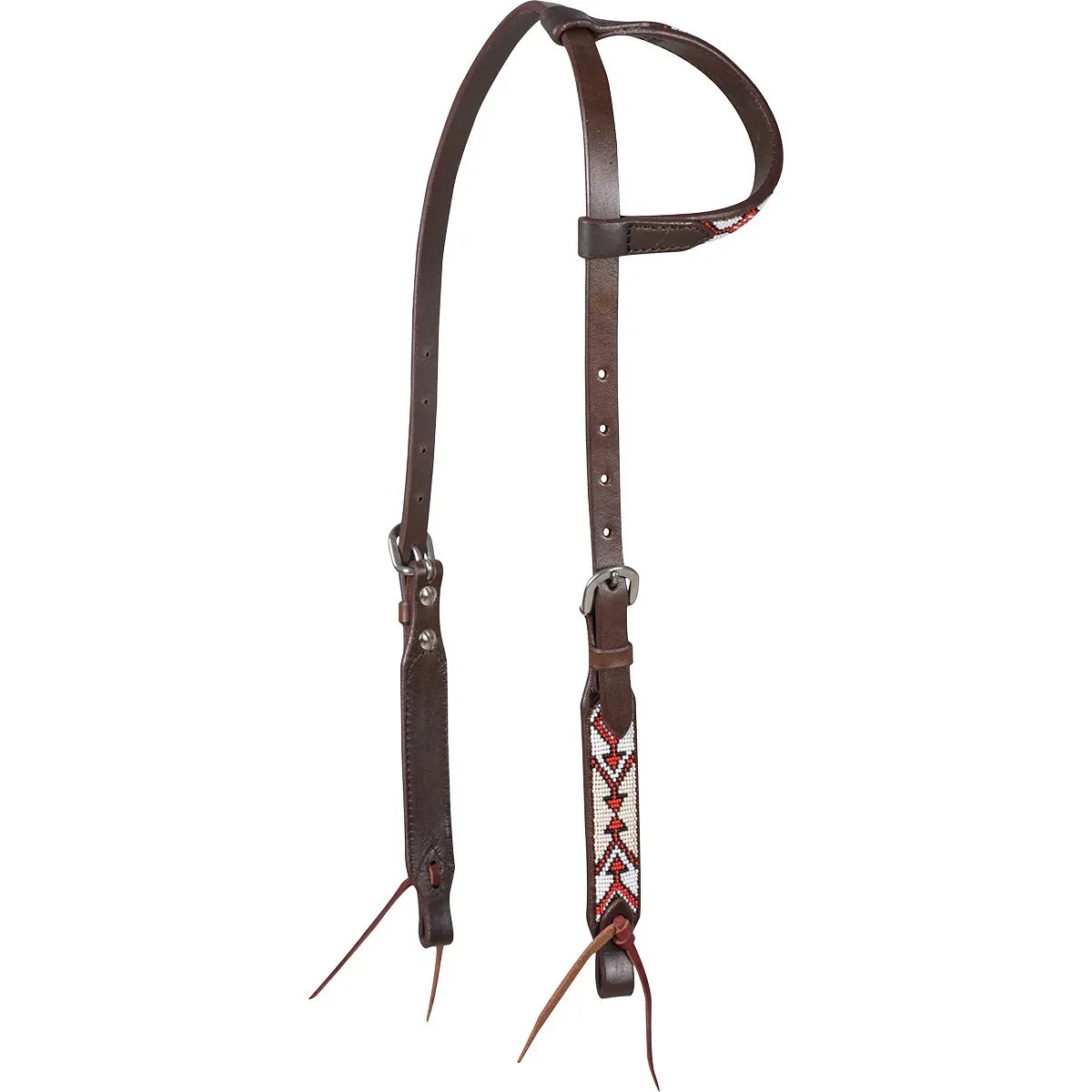 Cashel Beaded Slip Ear Headstall in rich chocolate leather featuring intricate white, red, and black southwestern beadwork on the ear loop and cheekpiece. This high-quality Western horse tack includes adjustable stainless steel buckles and leather tie bit ends. Perfect for adding a pop of color to your show gear or trail riding equipment. Durable and stylish equestrian accessory designed for comfort and performance.