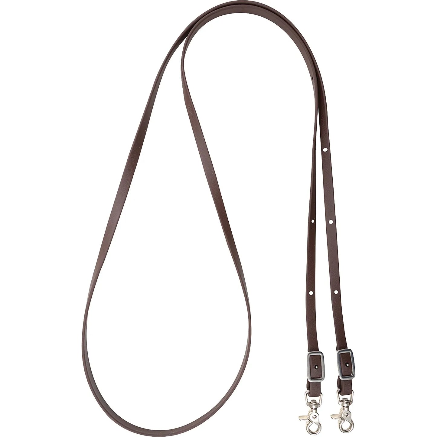 Brown Cashel Biothane Trail Reins, 9 feet in length, featuring a durable and waterproof synthetic design ideal for horse trail riding. These reins include silver-toned hardware with adjustable buckles and secure scissor snaps for quick bit attachment. These low-maintenance horse reins offer a leather-like feel with superior weather resistance, making them a must-have for any equestrian gear collection.