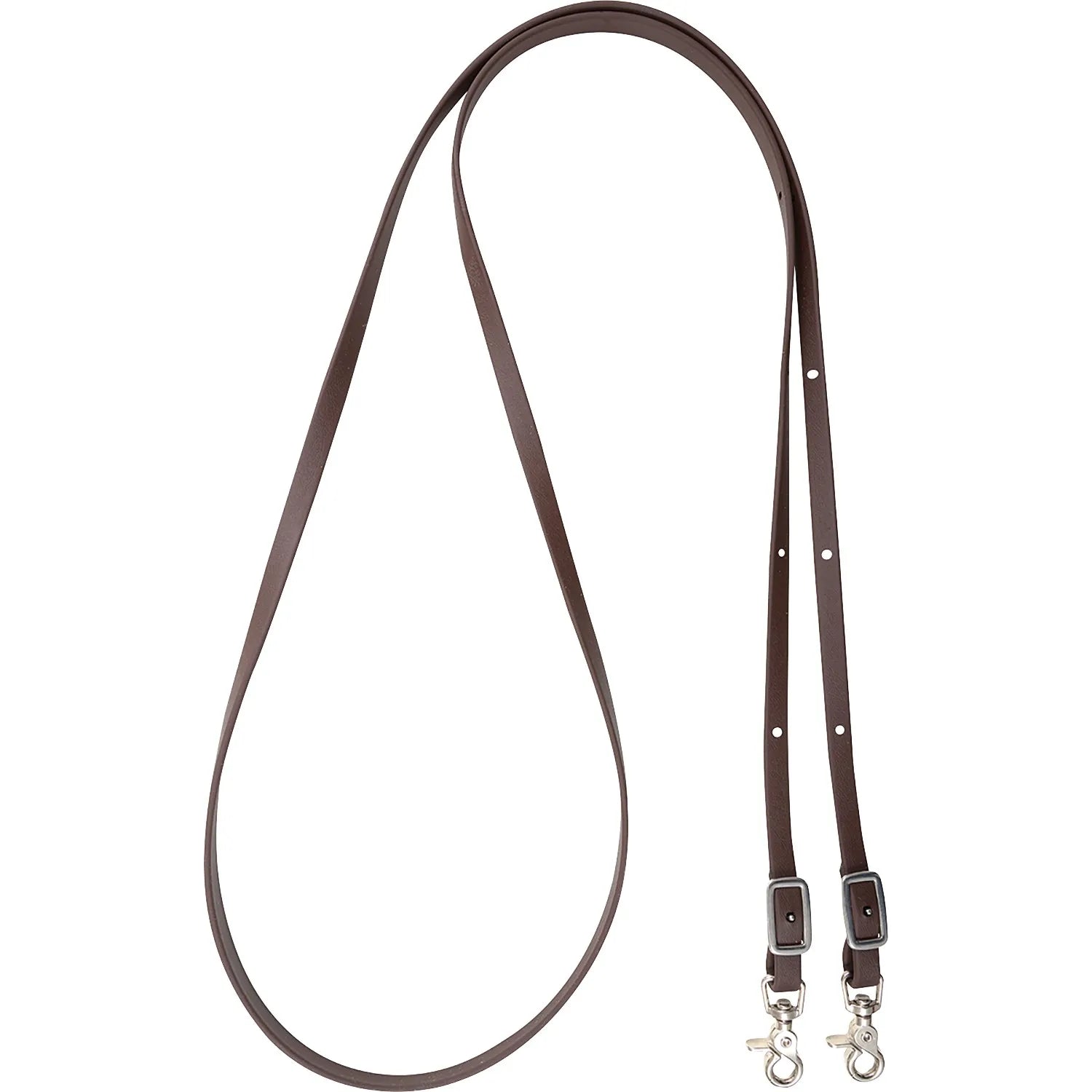 Brown Cashel Biothane Trail Reins, 9 feet in length, featuring a durable and waterproof synthetic design ideal for horse trail riding. These reins include silver-toned hardware with adjustable buckles and secure scissor snaps for quick bit attachment. These low-maintenance horse reins offer a leather-like feel with superior weather resistance, making them a must-have for any equestrian gear collection.