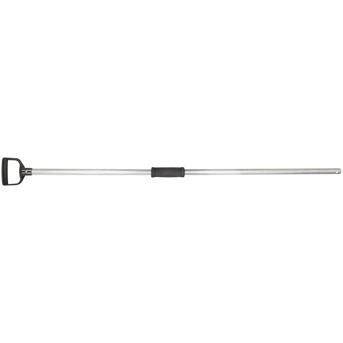 Durable Cashel 50-inch Aluminum Manure Fork Handle featuring a sleek silver shaft, an ergonomic black D-grip, and a cushioned foam mid-grip for superior control during barn chores. This lightweight, high-quality replacement handle is a must-have for efficient horse stall cleaning and stable maintenance. Designed for easy storage and compatible with standard fork heads, it provides a comfortable, ergonomic solution for equestrian enthusiasts and farm owners alike.