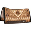 Cashel Blanket Top Felt Bottom Saddle Pad 34x38 with a 7/8 inch thickness. This Western comfort saddle pad features a classic Southwestern pattern in tan, cream, and brown with Thunderbird and cross motifs. Designed with a contoured spine, durable dark brown leather wear leathers, and a moisture-wicking felt bottom. Ideal for Western riding, this high-quality horse saddle pad combines traditional style with premium protection and comfort.