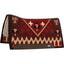 Cashel Blanket Top Felt Bottom Saddle Pad in a 34x38 size, featuring a striking Southwestern pattern in maroon, red, tan, and black. This Western saddle pad showcases traditional motifs like thunderbirds and crosses, durable dark leather wear leathers, and a plush grey felt underside for maximum horse comfort and protection. Perfect for trail or show, this high-quality wool-top pad combines classic style with professional performance.