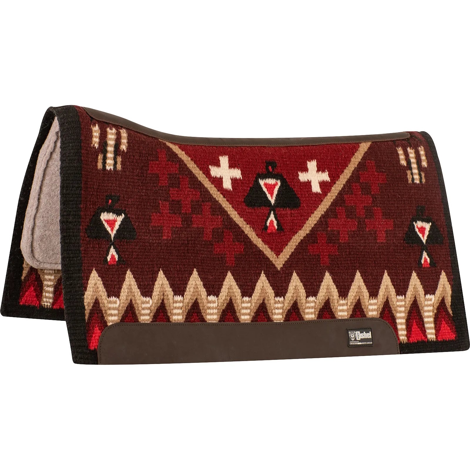 Cashel Blanket Top Felt Bottom Saddle Pad in a 34x38 size, featuring a striking Southwestern pattern in maroon, red, tan, and black. This Western saddle pad showcases traditional motifs like thunderbirds and crosses, durable dark leather wear leathers, and a plush grey felt underside for maximum horse comfort and protection. Perfect for trail or show, this high-quality wool-top pad combines classic style with professional performance.