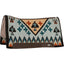 Cashel Blanket Top Felt Saddle Pad 34x38 featuring a vibrant Southwestern pattern in turquoise, tan, and rust orange with thunderbird and cross motifs. This durable western riding pad includes dark brown leather wear leathers and a supportive felt lining for horse comfort. Perfect for trail riding or western disciplines, blending classic style with high-performance protection for your horse.