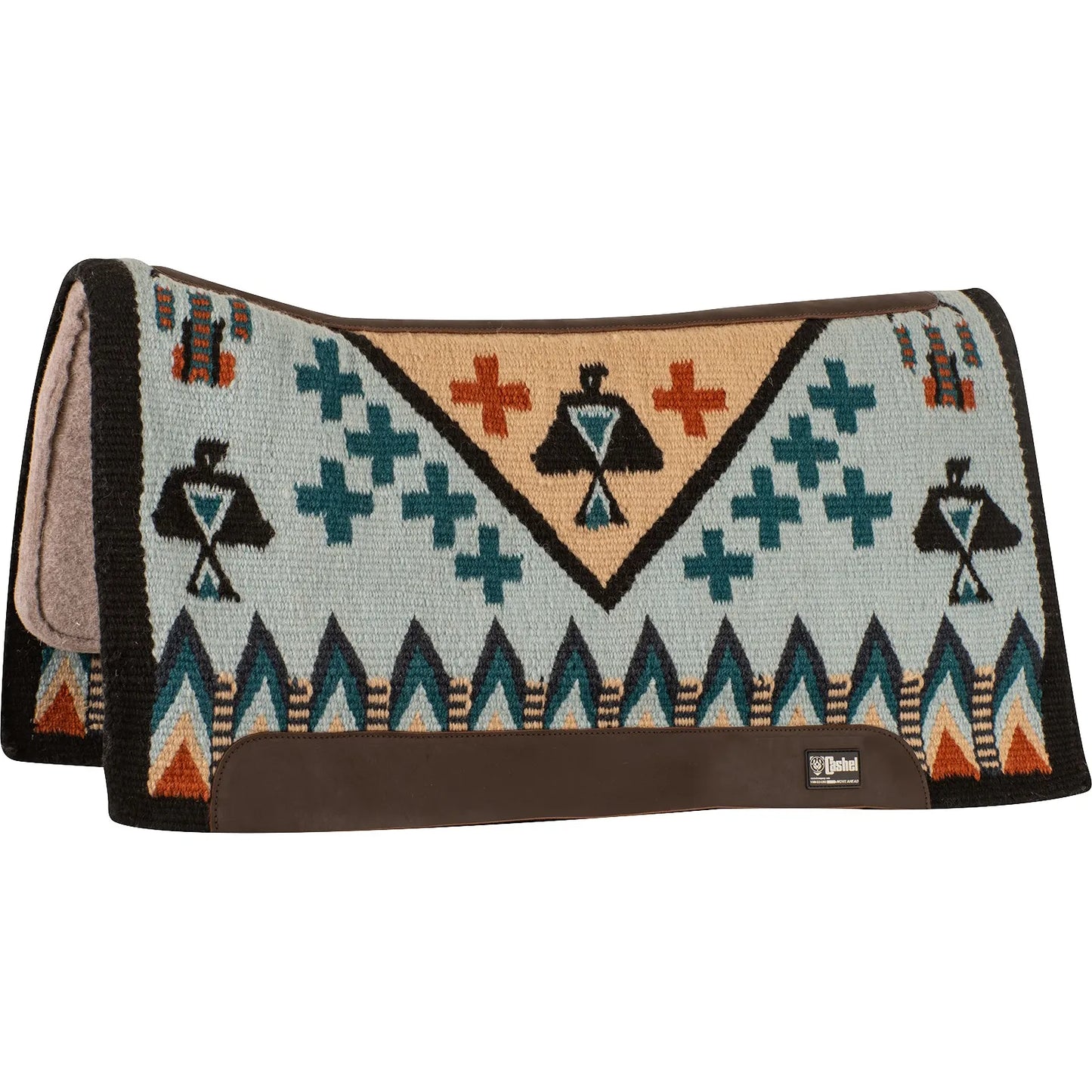 Cashel Blanket Top Felt Saddle Pad 34x38 featuring a vibrant Southwestern pattern in turquoise, tan, and rust orange with thunderbird and cross motifs. This durable western riding pad includes dark brown leather wear leathers and a supportive felt lining for horse comfort. Perfect for trail riding or western disciplines, blending classic style with high-performance protection for your horse.